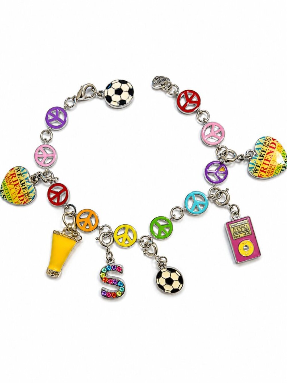 Silver Tone Multicolor Charm Bracelet | Peace Signs, Soccer, Friendship & Music